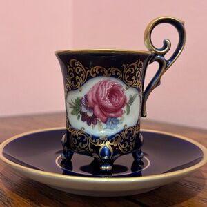 Vintage Lindner Kueps Bavaria Demitasse Cup and Saucer in Cobalt Blue and Gold